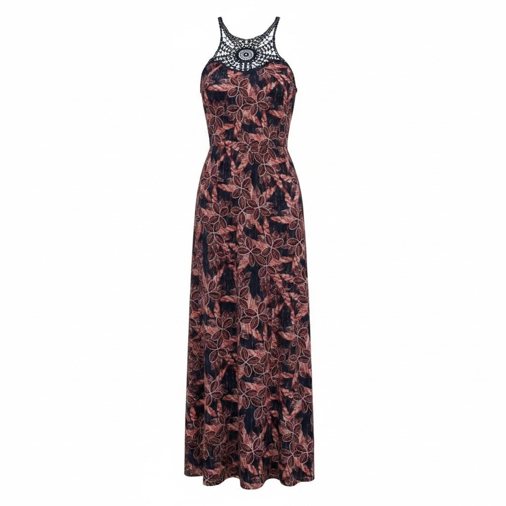 Teeze Me Womens Floral Crochet Racerback Maxi Glam Dress Navy Coral Red Sz Small